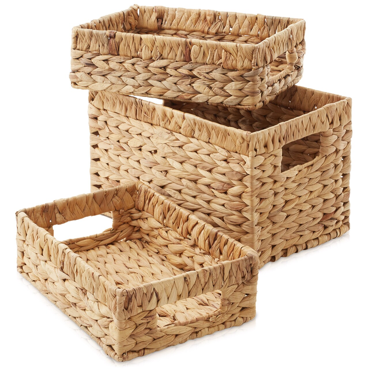 Casafield Set of 2 Water Hyacinth Storage Baskets with Handles - Woven Organizers for Bathroom, Laundry, Pantry, Office, Shelves